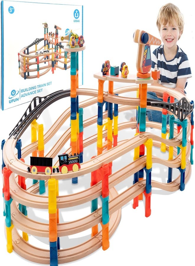 UDEAS 120Pcs Wooden Train Tracks Set, 398-inch Track Expansion, Toddler Railway Bridge Toy Train Set with Airplane and Magnetic Crane, Birthday Gifts for Boys and Girls, Compatible with All Major Brands - Image 1